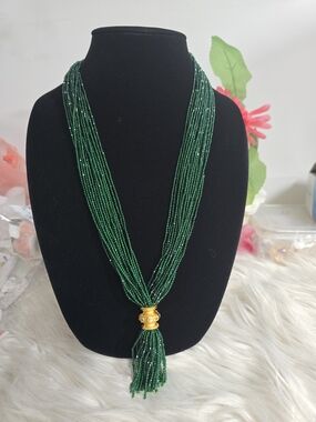 Multi-Strand Green Beaded Necklace with Gold Tassel